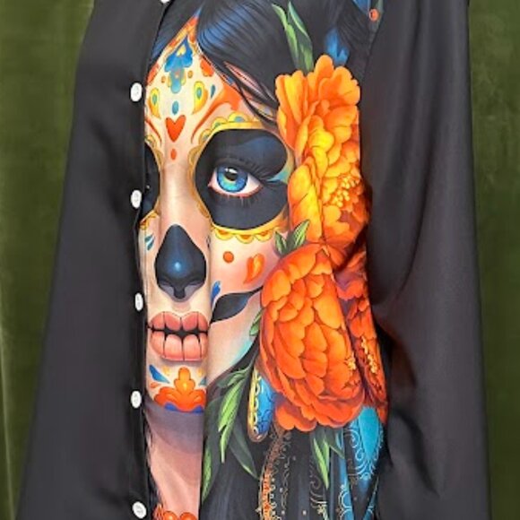 Black Women's Shirt with Colorful Pattern on the Front Halloween Style Size: L - Picture 4 of 5